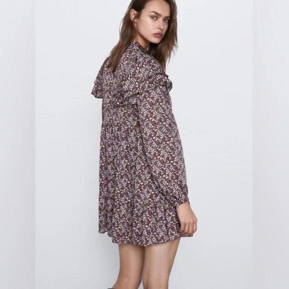 Zara Printed Ruffle Trapeze Dress M - Picture 3 of 14